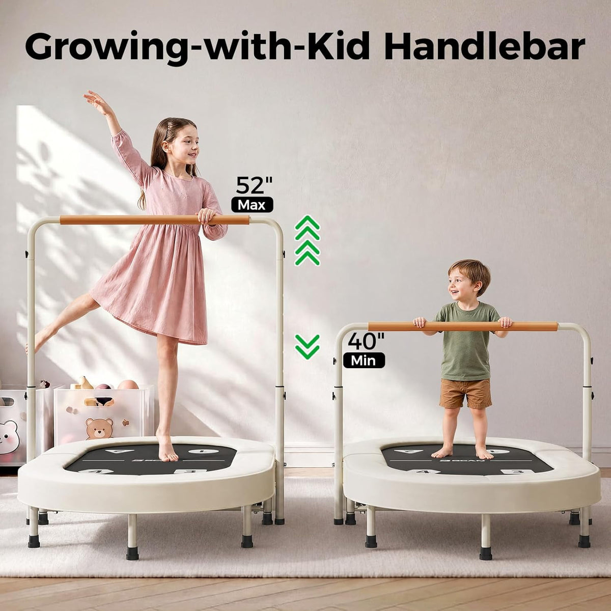BCAN 56IN 2-Person Kids Trampoline, Safe-Elastic Band Foldable Frame Trampoline for Kids 1-8, ASTM Certified-Toddler Trampoline with Adjustable Stable Handlebar&Thickened Cover,Max Load 220lbs