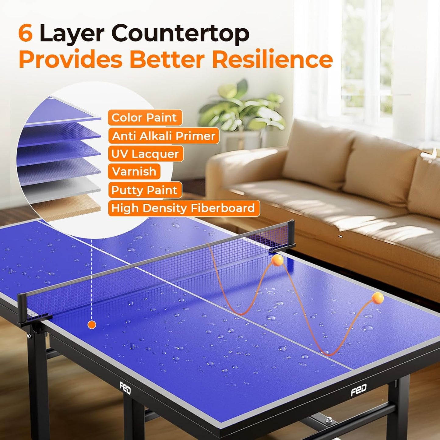 Ping Pong Table, 16mm Thick Tabletop Professional Table with Quick Clamp Net and Paddle, Tournament Quality, 10 Minute Easy Assembly, Weatherproof Indoor & Outdoor