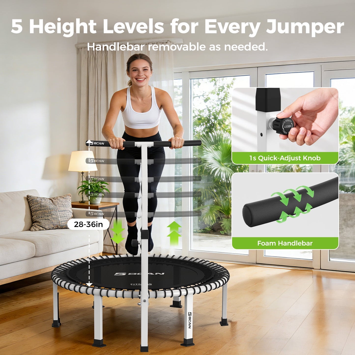 BCAN BT4 40" Pro Fitness Rebounder Trampoline, 500lb Capacity, Adjustable Tension Bungees, Exercise Trampoline for Adults, Phone Holder & 2 Pairs Socks| FED Fitness