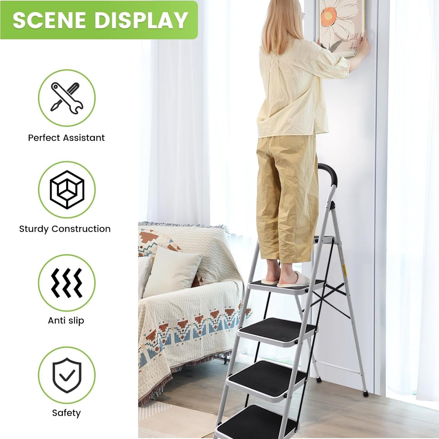 5 Step Ladder, Upgo Folding Step Stool with Extra Wide Anti-Slip Pedal, 330lbs Lightweight Portable Sturdy Steel Ladders with Handgrip for Household Kitchen Office Outdoor
