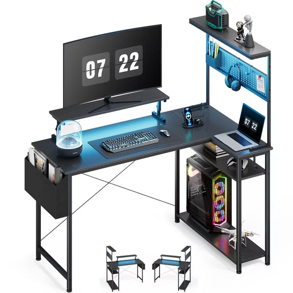 UPGO 42 Inch L Shaped Carbon Fiber Gaming Corner Desk with Power Strip, Adjustable Monitor Stand, Pegboard & Storage Shelves, Reversible Computer Desk for Bedroom Office Gaming