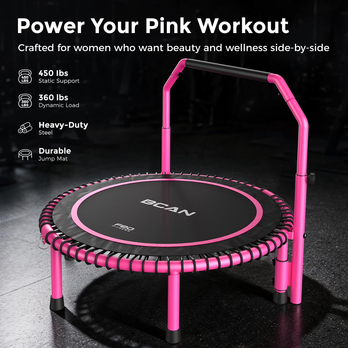 BCAN 450 LBS Foldable Mini Trampoline, 40" Fitness Trampoline with Bungees, Stable & Quiet Exercise Rebounder for Kids/Adults