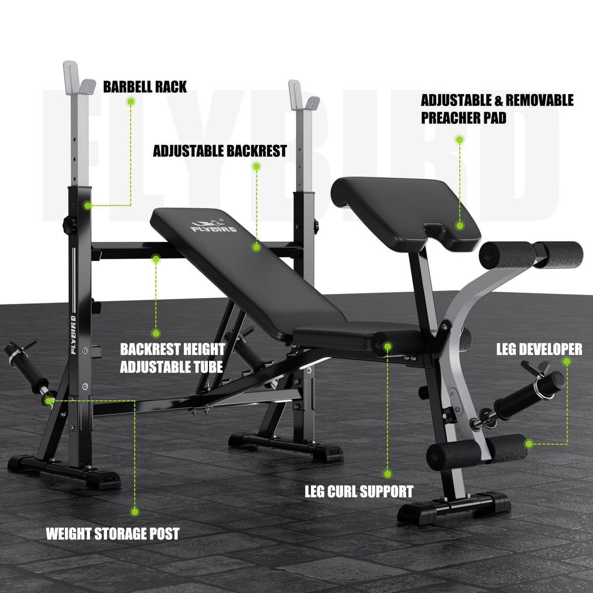 FLYBIRD Olympic Weight Bench with Rack,Multifunction Strength Training Bench With Preacher Curl & Leg Developer,Adjustable Bench Press Set for Home Gym