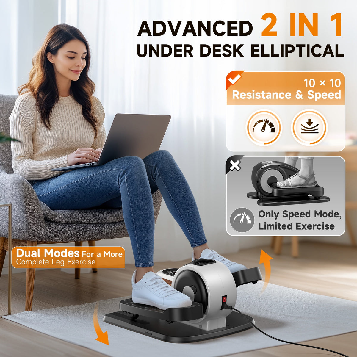 UPGO Under Desk Ellipticals Electric, Elipse Leg Exerciser Fully Assembled, Pedal Exerciser with Remote Control & Non-Slip Pedals Resistance & Speed