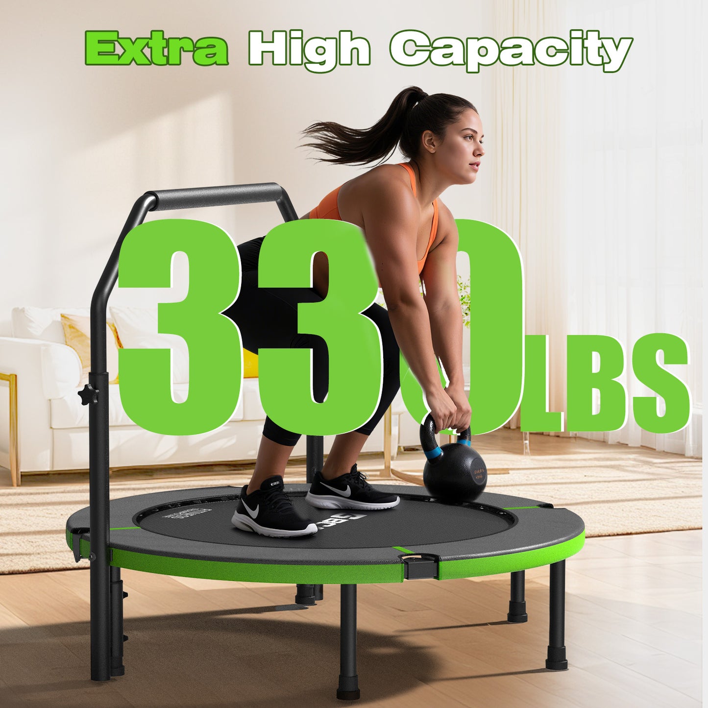 BCAN 40" Foldable Trampoline, Fitness Rebounder with Adjustable Foam Handle, Exercise Trampoline for Adults/kids Indoor/Garden Workout Max Load 330lbs