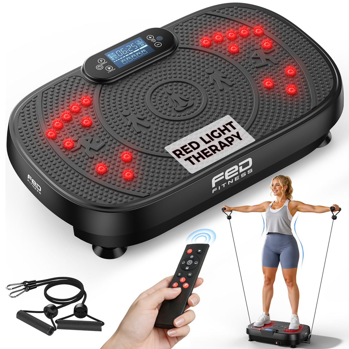 Vibration Plate Exercise Machine with Red Light, 1–99 Speed Levels, Full Body Shaker Platform with Resistance Bands