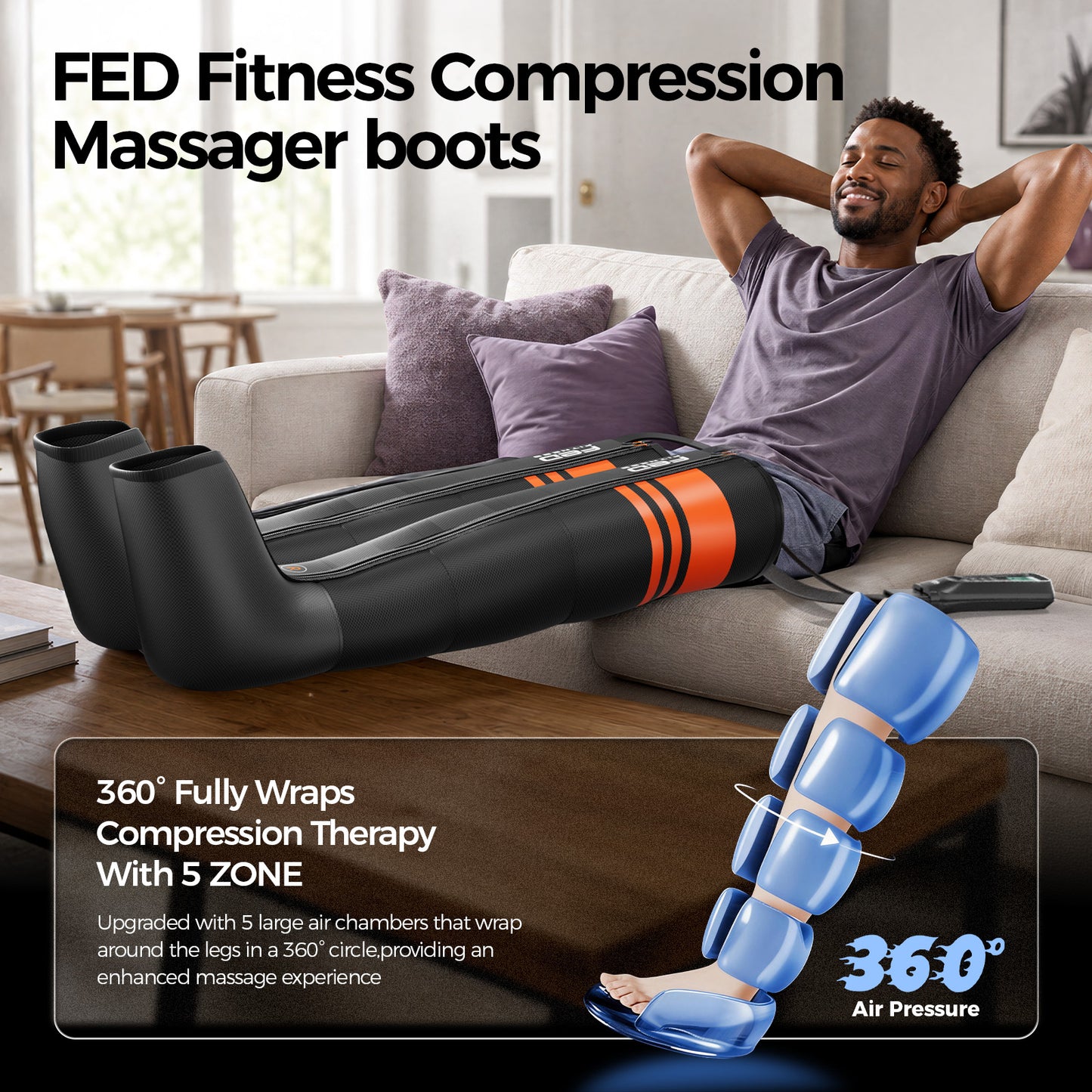 FED Fitness Compression Boots LM1, 6 Modes & 13 Intensity Levels , 3 Timing & 3 Heat Settings, 5 Independent Airbags 360° Full Coverage, Adjustable Size with Washable Liner for Leg Massage, size M