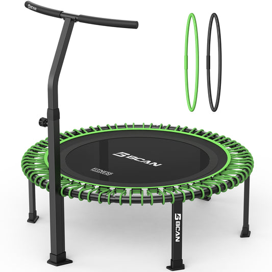BCAN 560 LBS Soft Land Mini Trampoline, 48" Fitness Trampoline, Bungees(2 Sets), T Shape Adjustable Foam Handle, Stable, Quiet Exercise Rebounder for Kids Adults Indoor/Garden Workout