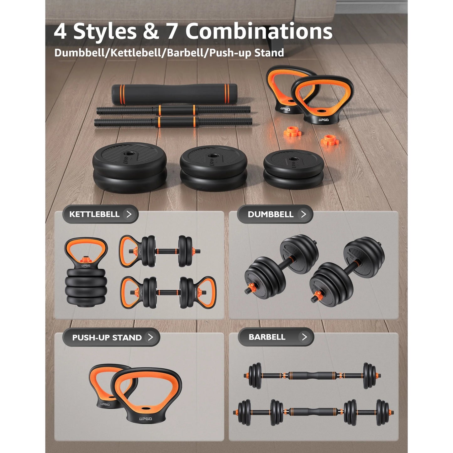UPGO Adjustable Dumbbell Set, 50lb Free Weight Set with Connector Bar, 6 in 1 Workout Gear with Dumbbell, Kettlebell, Barbell, Push up Handle for Home Gym Fitness Exercise