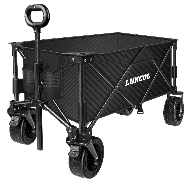 LUXCOL Collapsible Folding Wagon, Heavy Duty Utility Beach Wagon Cart for Sand with Big Wheels, Adjustable Handle&Drink Holders for Shopping, Camping,Garden, Outdoor and Beach