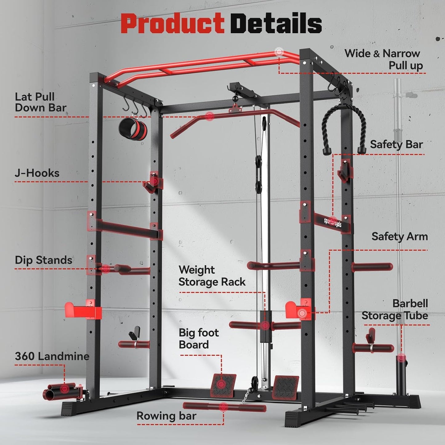 Sportsroyals Power Cage,1200lbs Multi-Function Power Rack with Adjustable Cable Crossover System Weight Cage for Home Gym