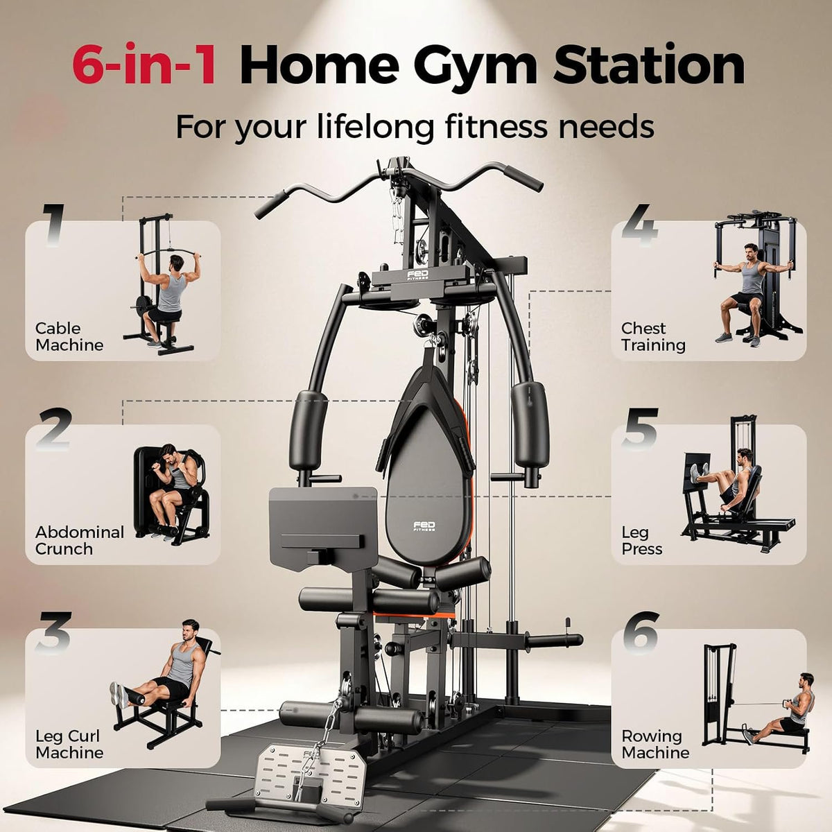 FED Fitness Full Body Home Gym Workout Machine with Pull-Up Bar, Dip Station, Push-Up Stand & Strength Training Accessories, Multi-Station Fitness Equipment for Home Strength Workout