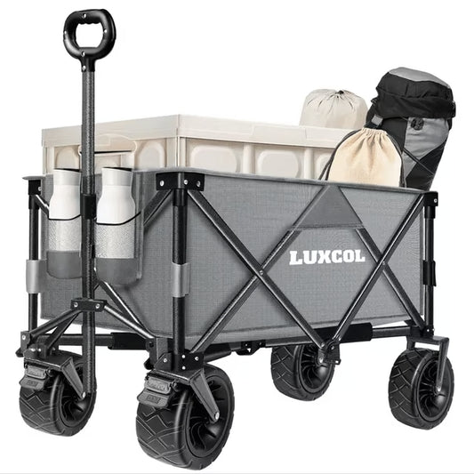 LUXCOL Collapsible Folding Wagon, Heavy Duty Utility Beach Wagon Cart for Sand with Big Wheels, Adjustable Handle&Drink Holders for Shopping, Camping,Garden and Outdoor