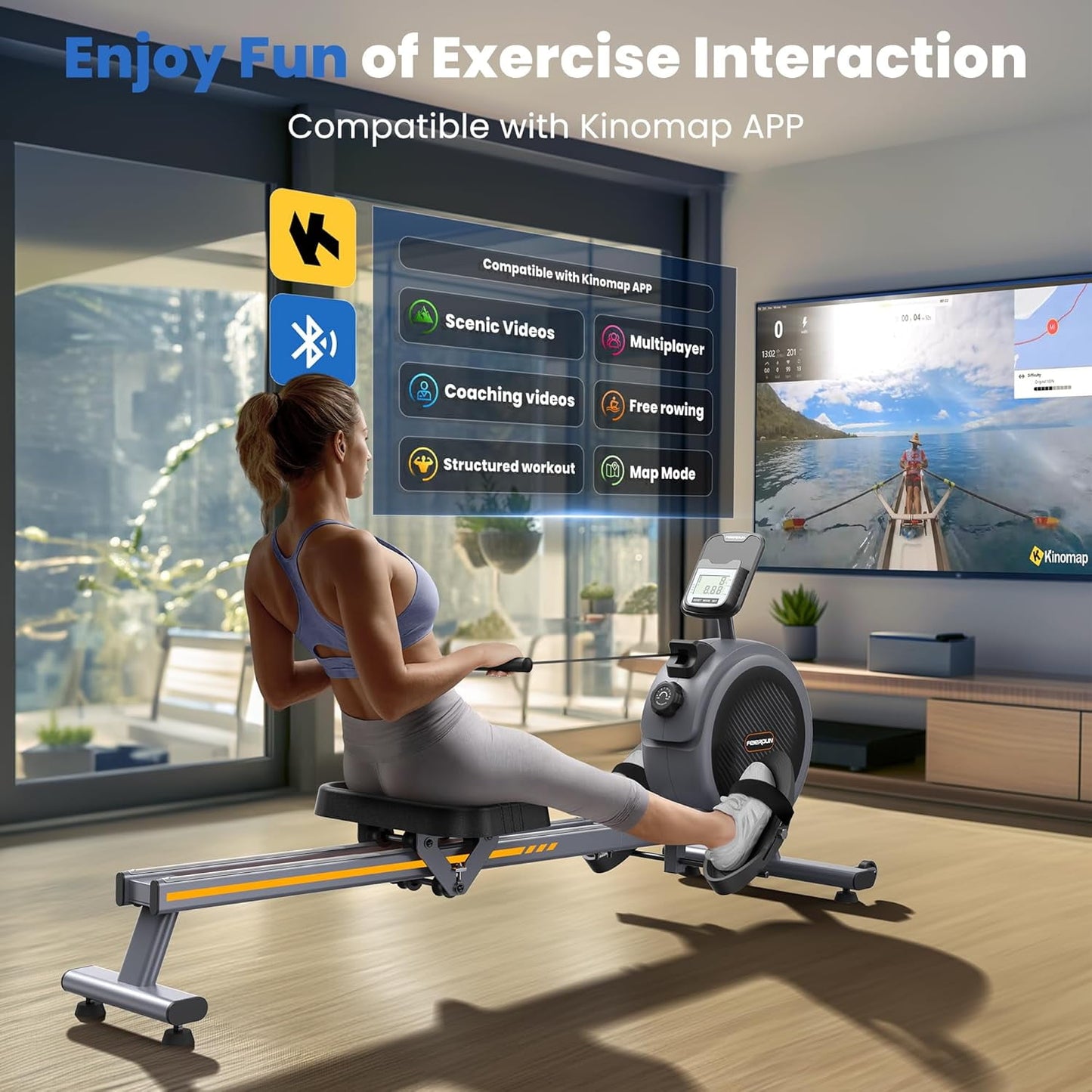 UPGO Magnetic Rowing Machine for Home, Rower with 350LBS Capacity, Dual Slide Rail, APP Connectivity