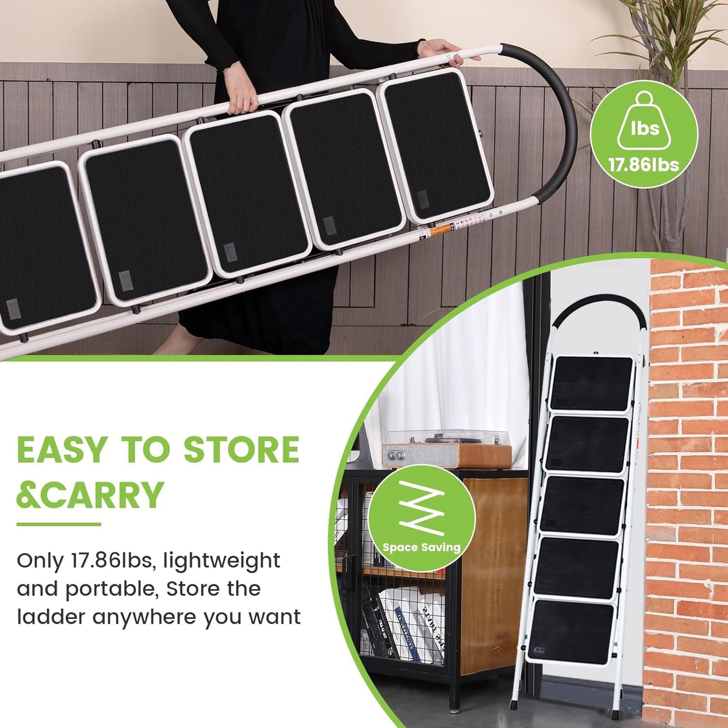 5 Step Ladder, Upgo Folding Step Stool with Extra Wide Anti-Slip Pedal, 330lbs Lightweight Portable Sturdy Steel Ladders with Handgrip for Household Kitchen Office Outdoor