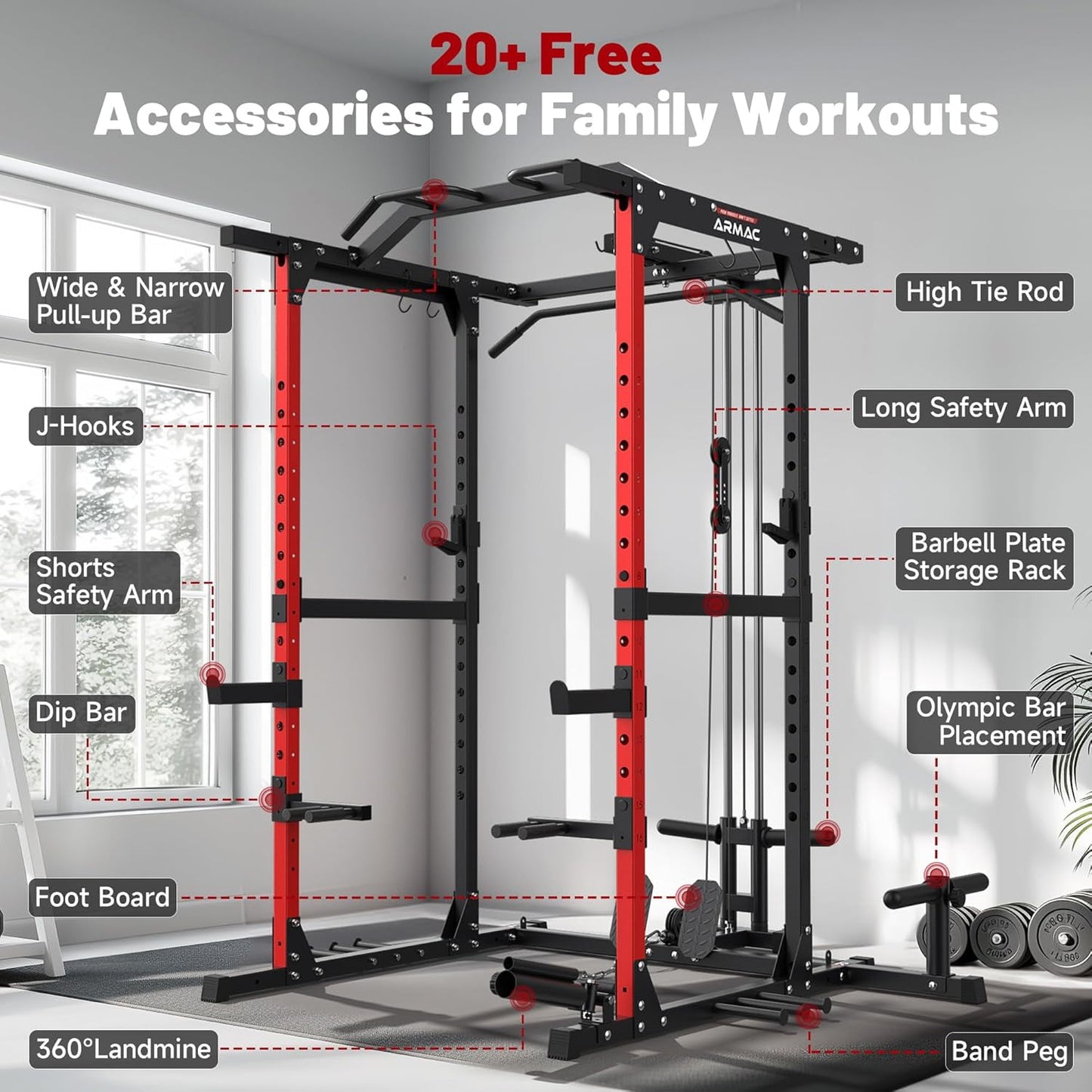 UPGO Power Cage,1500lbs Multi-Function Power Rack with Adjustable Cable Crossover System and More Training Attachment (red)