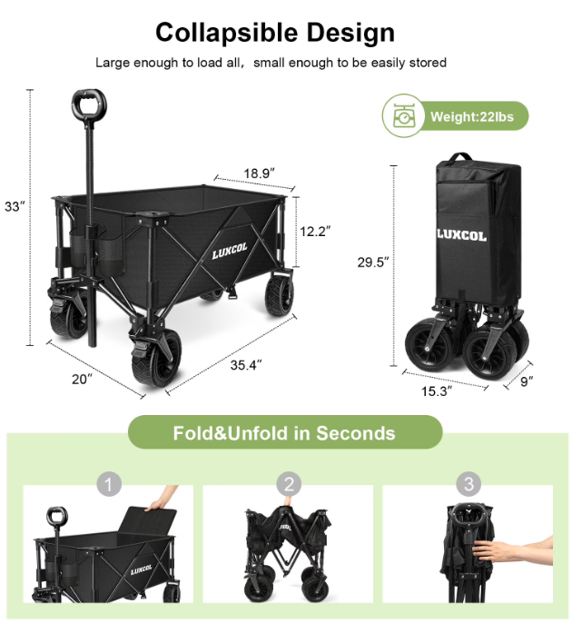 LUXCOL Collapsible Folding Wagon, Heavy Duty Utility Beach Wagon Cart for Sand with Big Wheels, Adjustable Handle&Drink Holders for Shopping, Camping,Garden, Outdoor and Beach