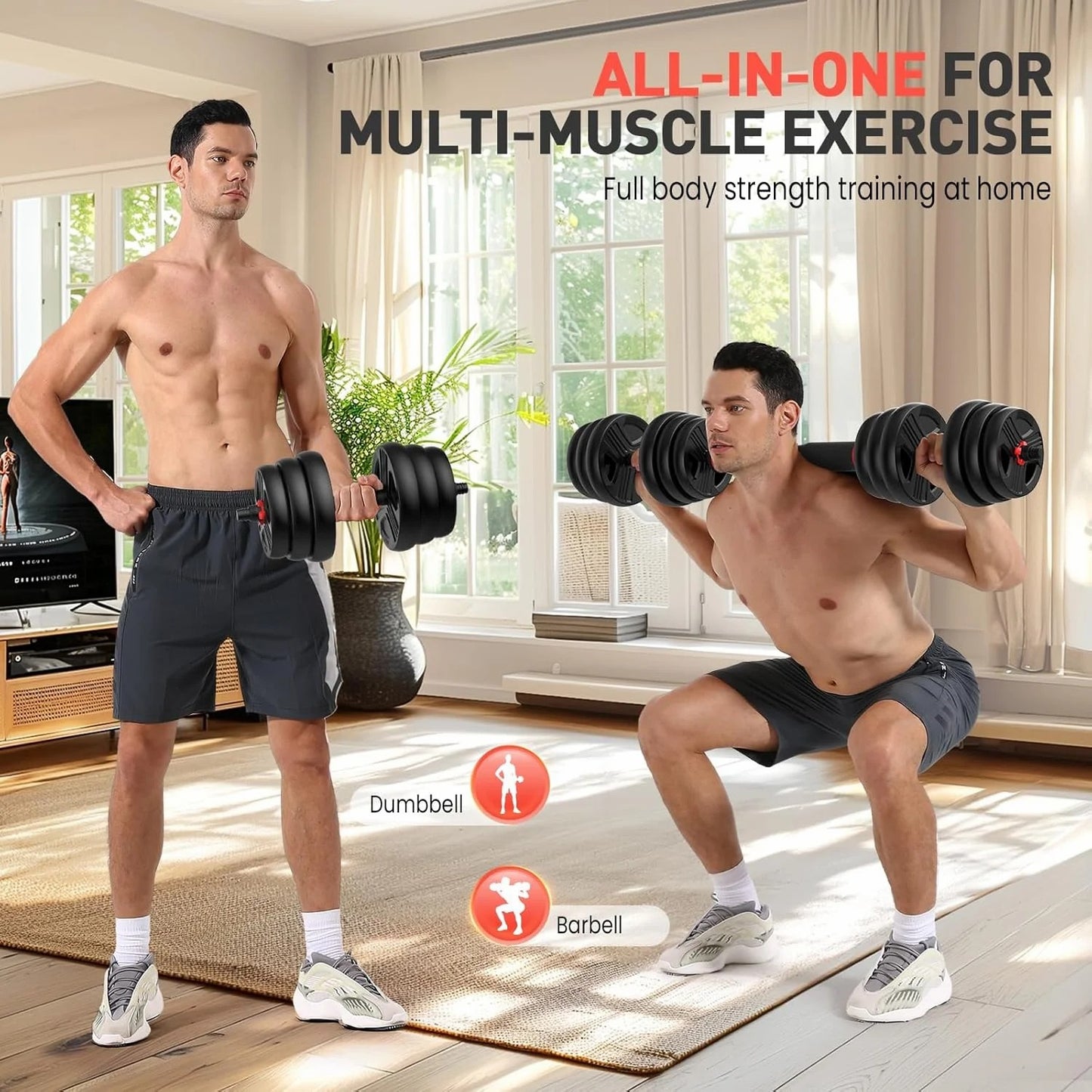 Adjustable Dumbbells, 20lbs Free Weights Dumbbells Convertible 2 or 3 in 1 Set Used as Barbell, Kettlebells, A Pair of Lightweight for Home Gym
