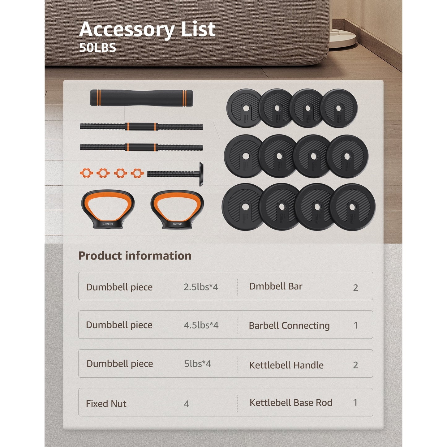 UPGO Adjustable Dumbbell Set, 50lb Free Weight Set with Connector Bar, 6 in 1 Workout Gear with Dumbbell, Kettlebell, Barbell, Push up Handle for Home Gym Fitness Exercise