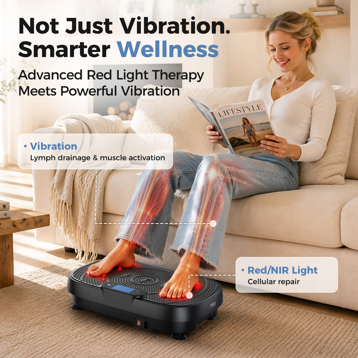 Vibration Plate Exercise Machine with Red Light, 1–99 Speed Levels, Full Body Shaker Platform with Resistance Bands