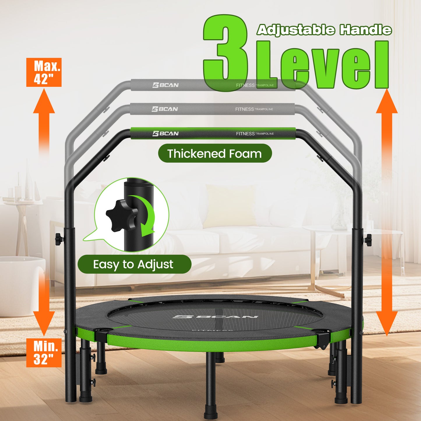 BCAN 40" Foldable Trampoline, Fitness Rebounder with Adjustable Foam Handle, Exercise Trampoline for Adults/kids Indoor/Garden Workout Max Load 330lbs