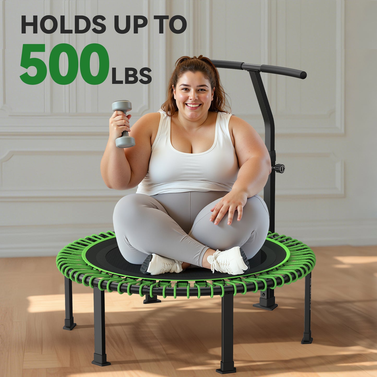 BCAN 500 LBS Soft Land Mini Trampoline, 40" Fitness Trampoline, Bungees(2 Sets), T Shape Adjustable Foam Handle, Stable, Quiet Exercise Rebounder for Kids Adults Indoor/Garden Workout
