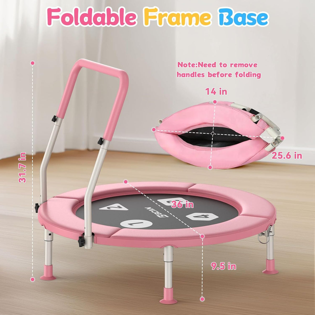 FED Fitness 36'' Toddler Trampoline, ASTM Certified-Foldable Mini Trampolines for Kids Ages 1-6, Adjustable Handle, Safety Pad & Foldable Legs, Baby Trampoline Indoor/Garden, Gift for Boy and Girl