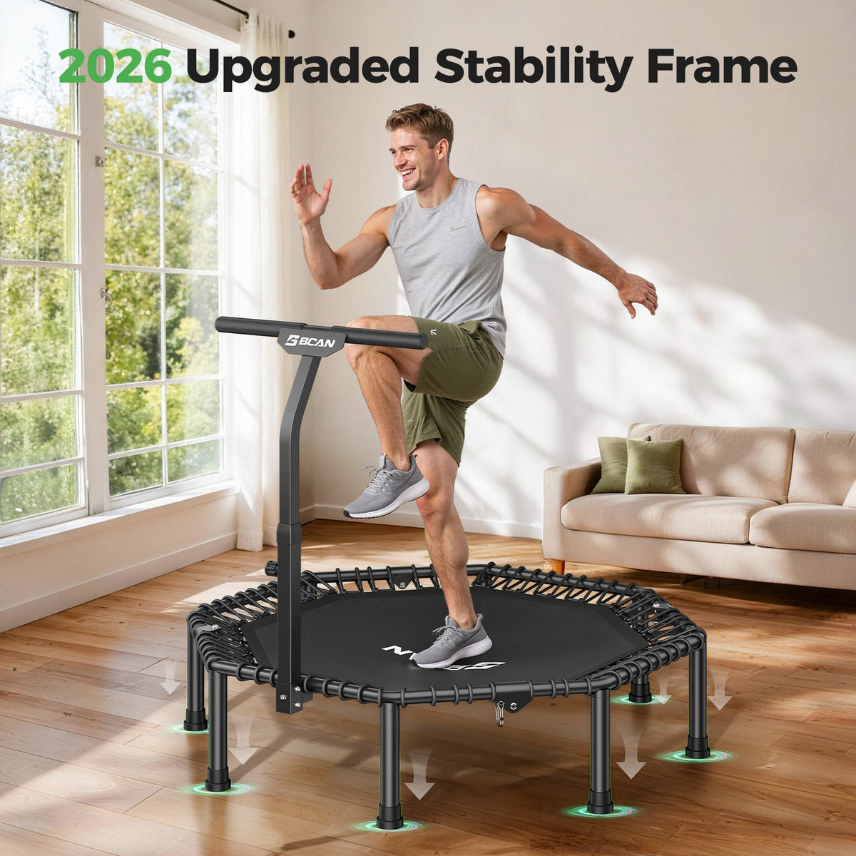 FED Fitness BCAN 51" Rebounder Trampoline for Adults, 450LBS Max Load Fitness Trampoline with Large Jumping Area, Silent Bungee Mini Trampoline with T-Adjustable Handle