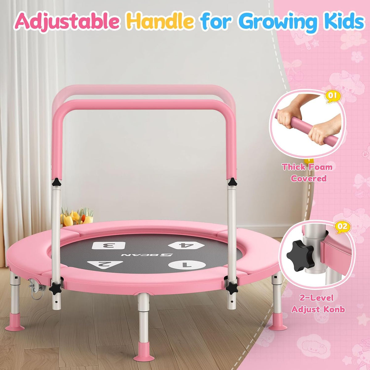 FED Fitness 36'' Toddler Trampoline, ASTM Certified-Foldable Mini Trampolines for Kids Ages 1-6, Adjustable Handle, Safety Pad & Foldable Legs, Baby Trampoline Indoor/Garden, Gift for Boy and Girl