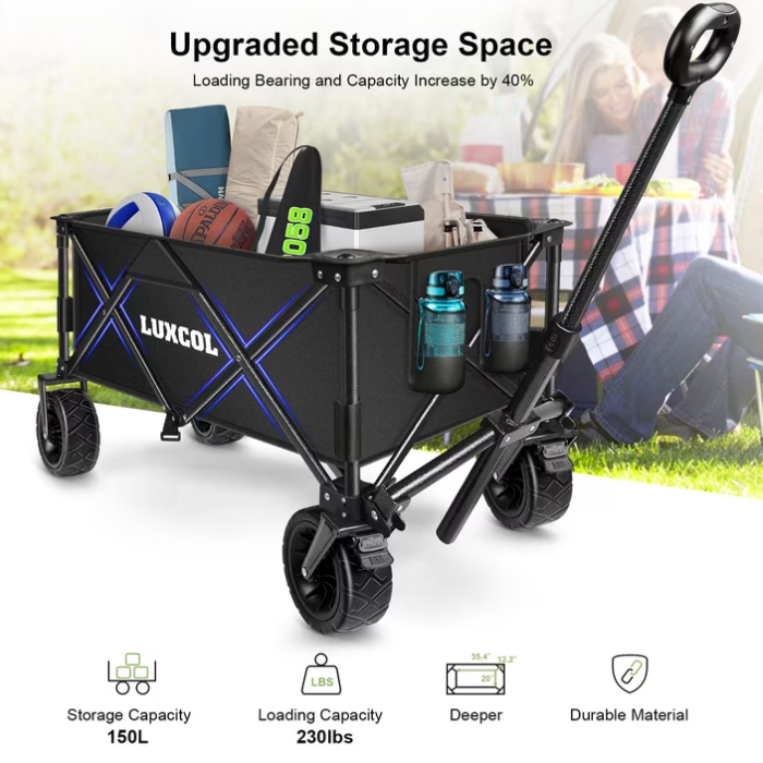 LUXCOL Collapsible Folding Wagon, Heavy Duty Utility Beach Wagon Cart for Sand with Big Wheels, Adjustable Handle&Drink Holders for Shopping, Camping,Garden, Outdoor and Beach