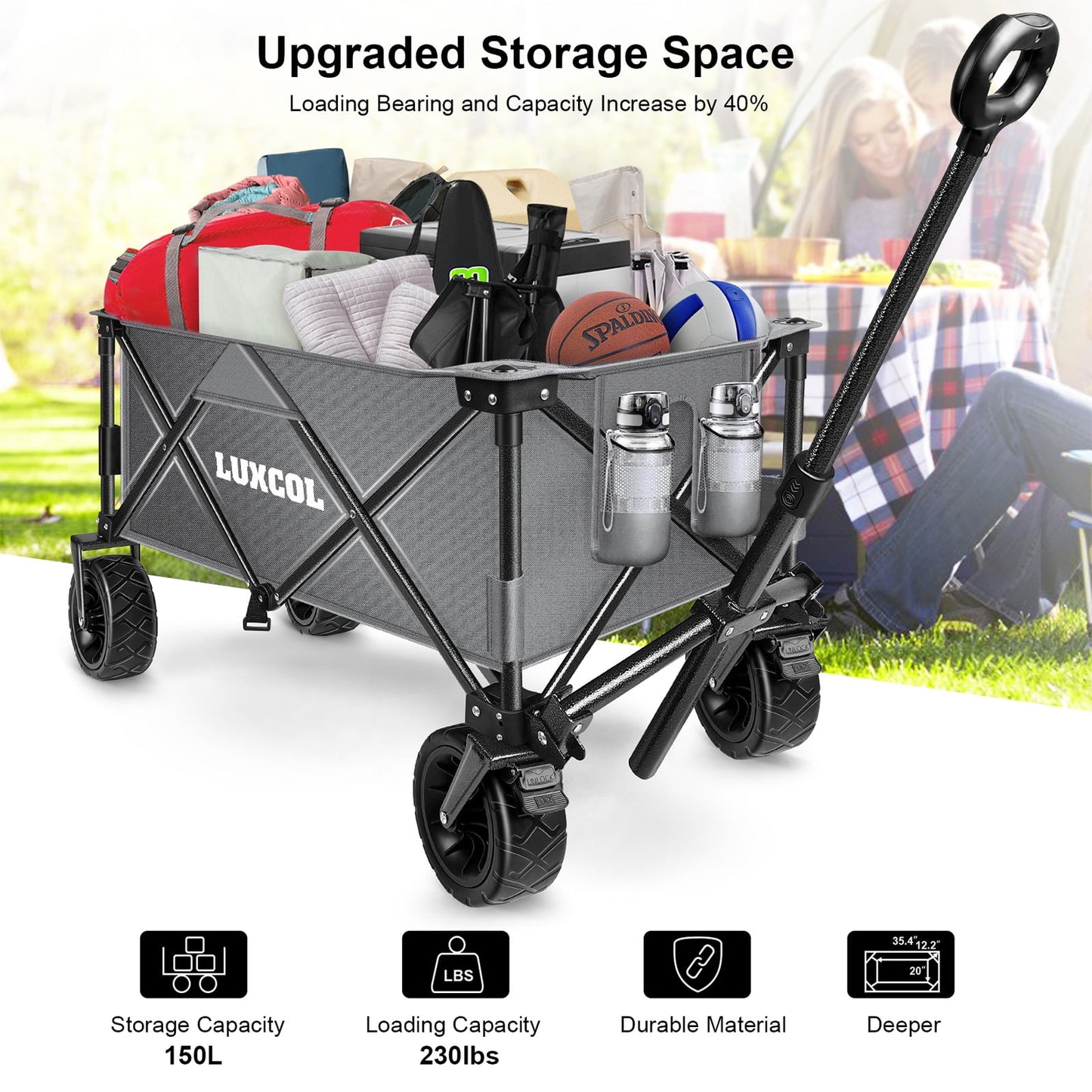 LUXCOL Collapsible Folding Wagon, Heavy Duty Utility Beach Wagon Cart for Sand with Big Wheels, Adjustable Handle&Drink Holders for Shopping, Camping,Garden and Outdoor