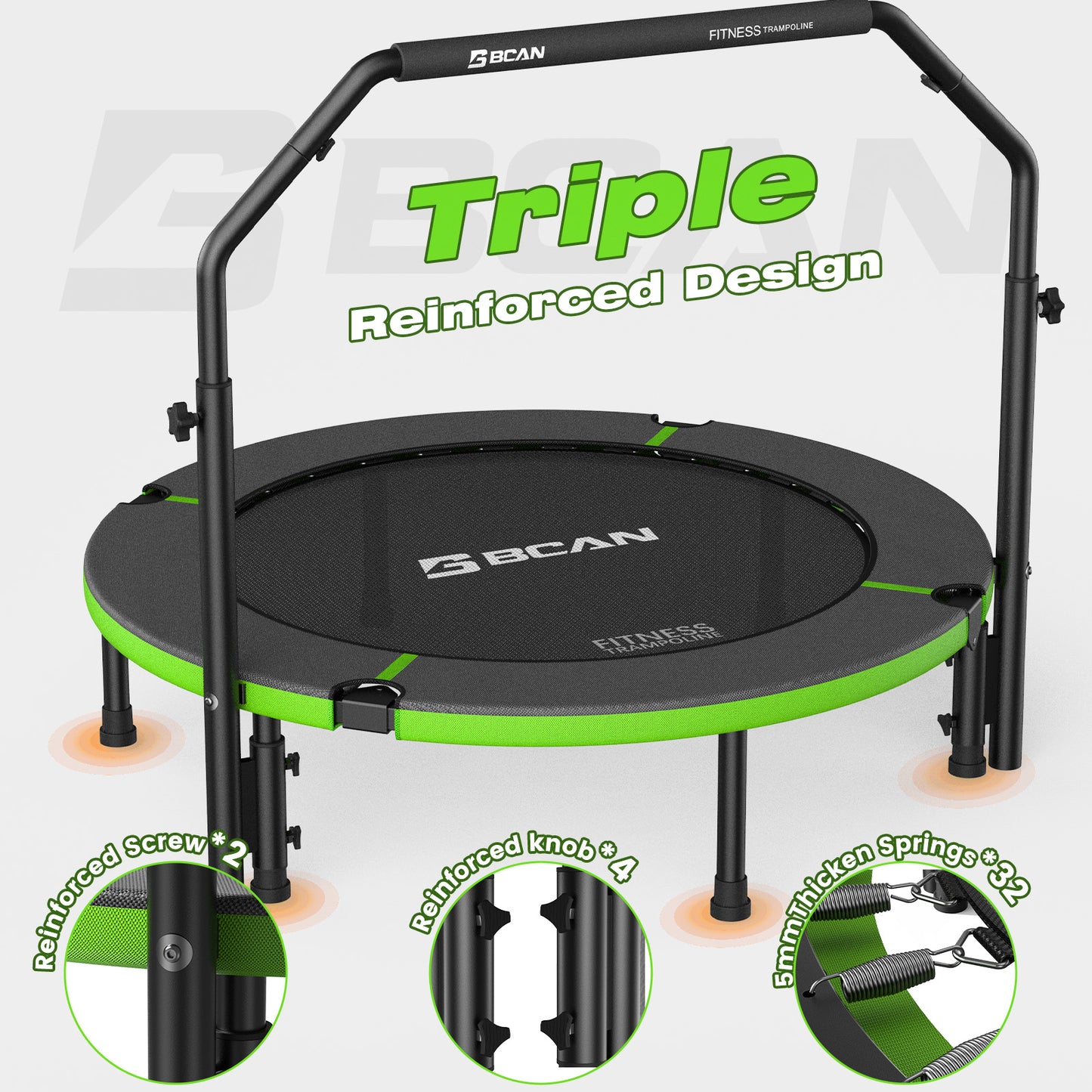 BCAN 40" Foldable Trampoline, Fitness Rebounder with Adjustable Foam Handle, Exercise Trampoline for Adults/kids Indoor/Garden Workout Max Load 330lbs