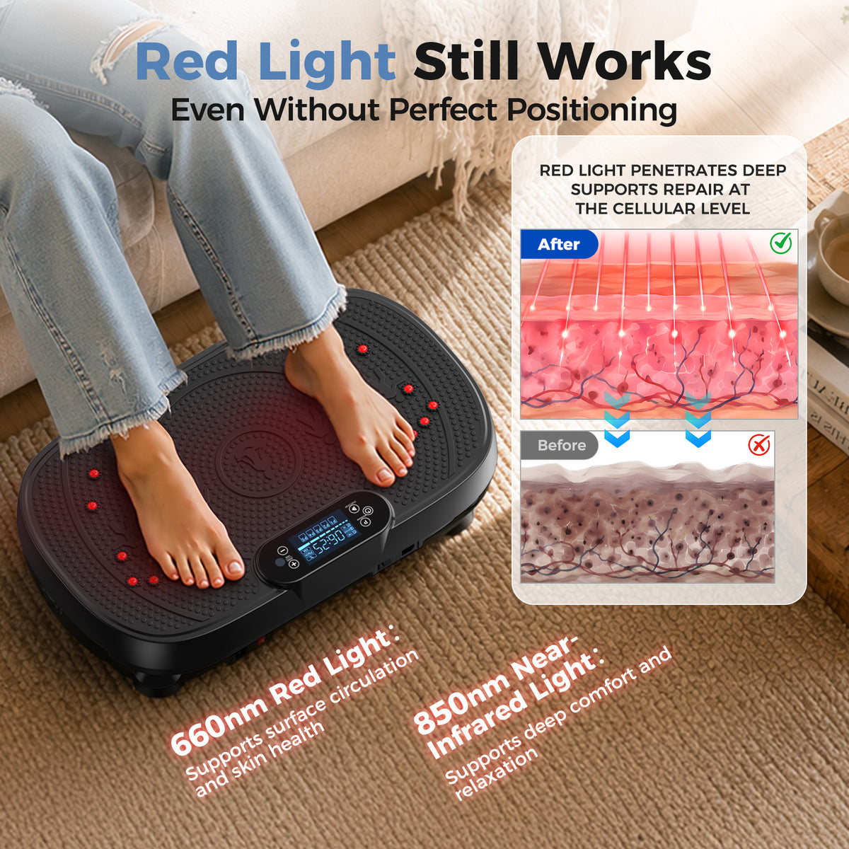 Vibration Plate Exercise Machine with Red Light, 1–99 Speed Levels, Full Body Shaker Platform with Resistance Bands