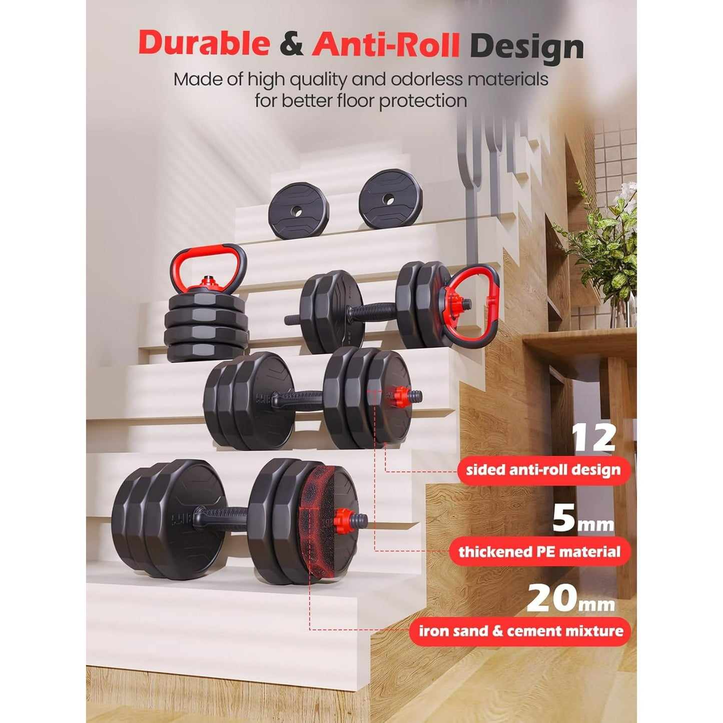 90lbs Free Weight Set with Connector, 5 in1 Dumbbells Set Used as Barbell, Kettlebells, Push up Stand, Fitness Exercises for Home Gym Suitable Men/Women