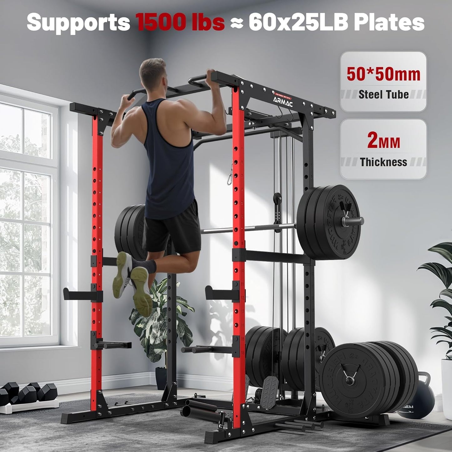 UPGO Power Cage,1500lbs Multi-Function Power Rack with Adjustable Cable Crossover System and More Training Attachment (red)