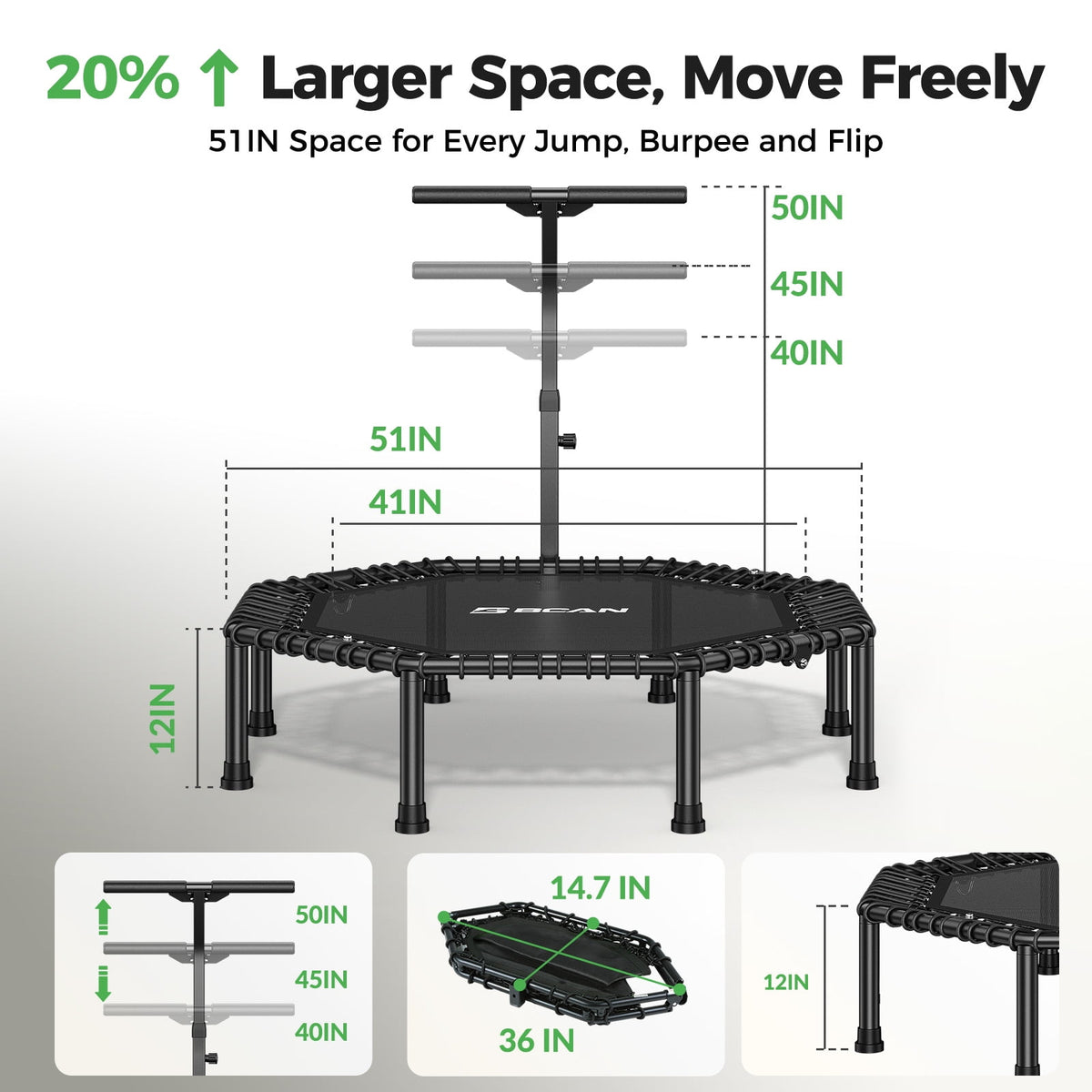 FED Fitness BCAN 51" Rebounder Trampoline for Adults, 450LBS Max Load Fitness Trampoline with Large Jumping Area, Silent Bungee Mini Trampoline with T-Adjustable Handle