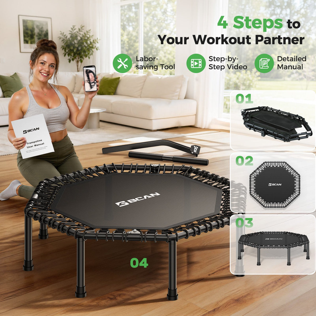 FED Fitness BCAN 51" Rebounder Trampoline for Adults, 450LBS Max Load Fitness Trampoline with Large Jumping Area, Silent Bungee Mini Trampoline with T-Adjustable Handle