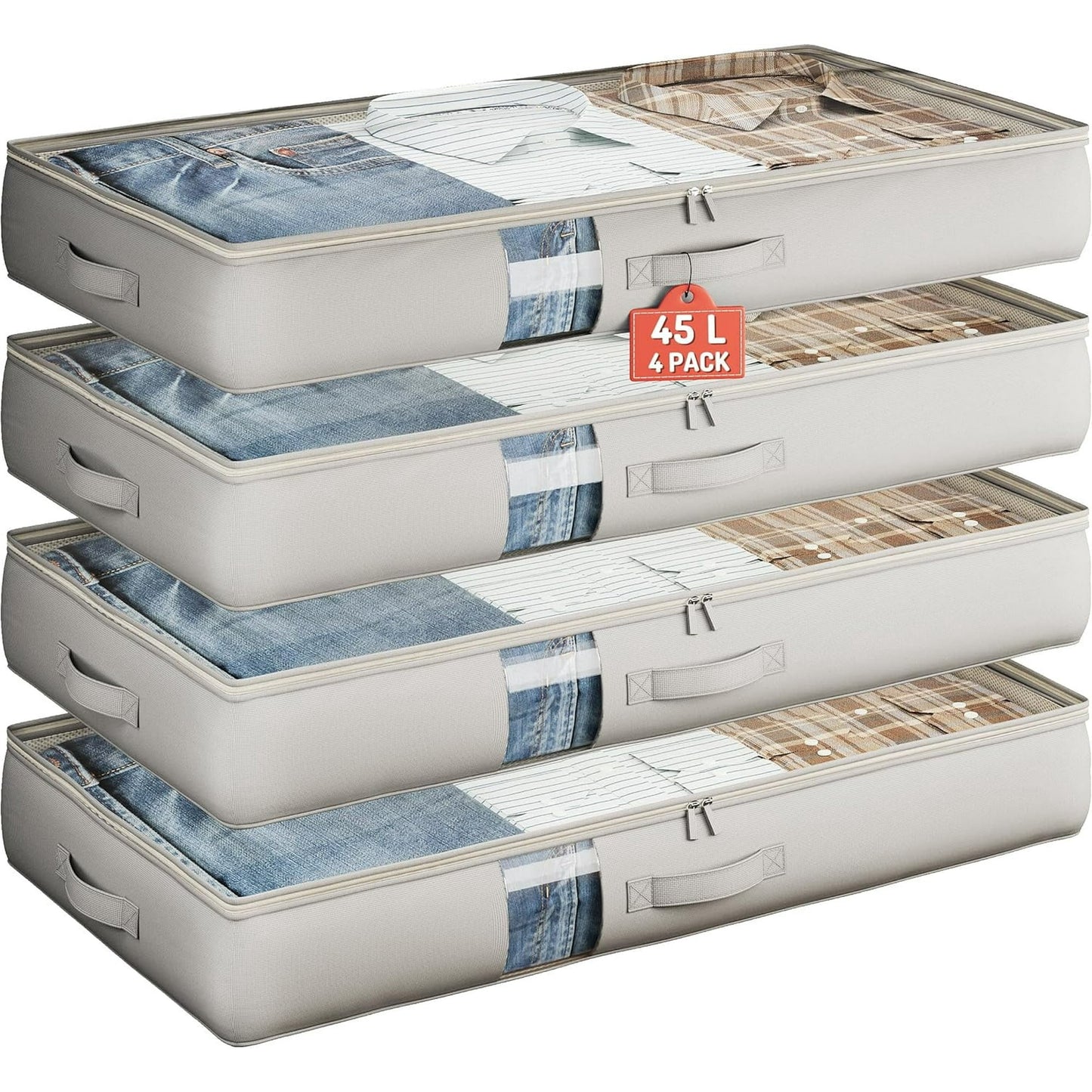 45L Under Bed Storage Containers, 4-Pack Storage Bins with Clear Top, Foldable Closet Organizers and Storage with Label Holder for Clothing, Blankets, Comforter & Pillows