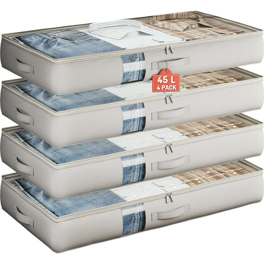 45L Under Bed Storage Containers, 4-Pack Storage Bins with Clear Top, Foldable Closet Organizers and Storage with Label Holder for Clothing, Blankets, Comforter & Pillows