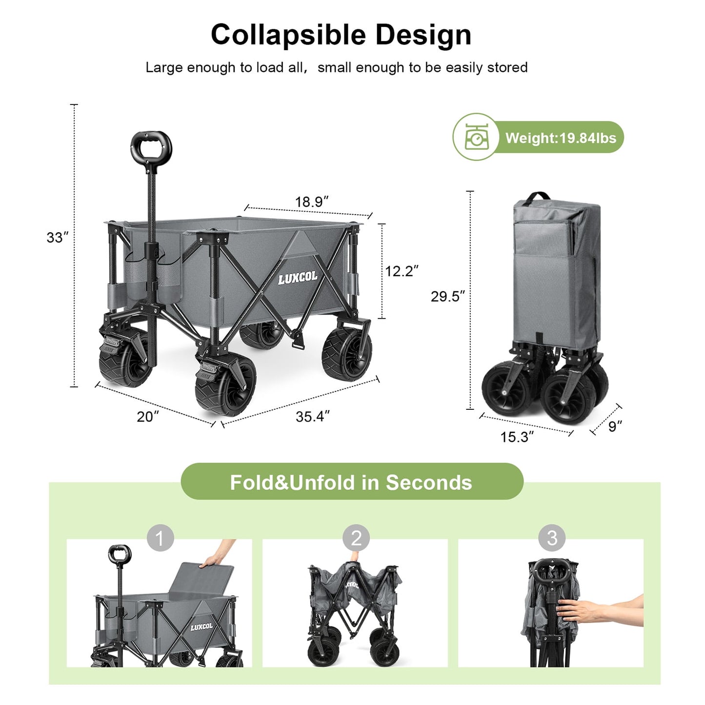 LUXCOL Collapsible Folding Wagon, Heavy Duty Utility Beach Wagon Cart for Sand with Big Wheels, Adjustable Handle&Drink Holders for Shopping, Camping,Garden and Outdoor