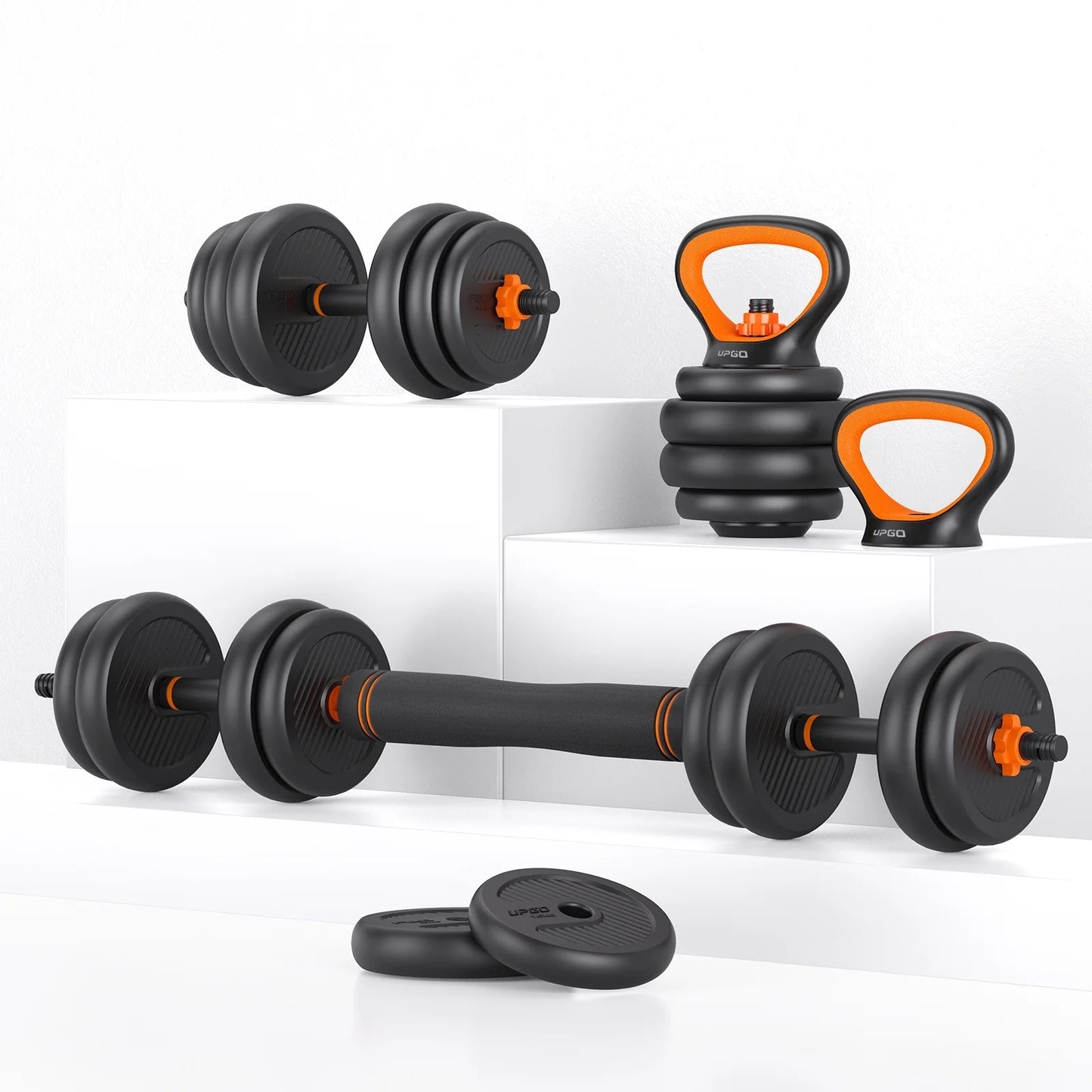 UPGO Adjustable Dumbbell Set, 50lb Free Weight Set with Connector Bar, 6 in 1 Workout Gear with Dumbbell, Kettlebell, Barbell, Push up Handle for Home Gym Fitness Exercise