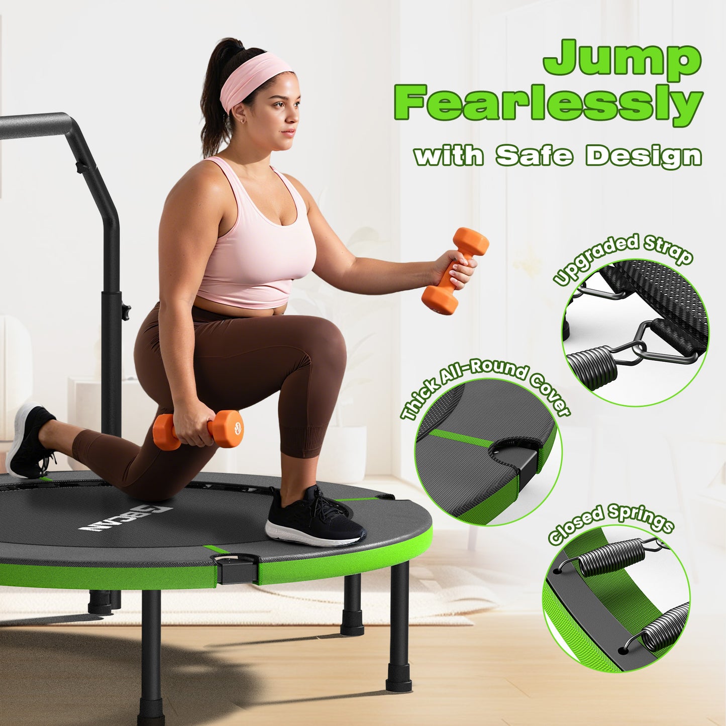 BCAN 40" Foldable Trampoline, Fitness Rebounder with Adjustable Foam Handle, Exercise Trampoline for Adults/kids Indoor/Garden Workout Max Load 330lbs