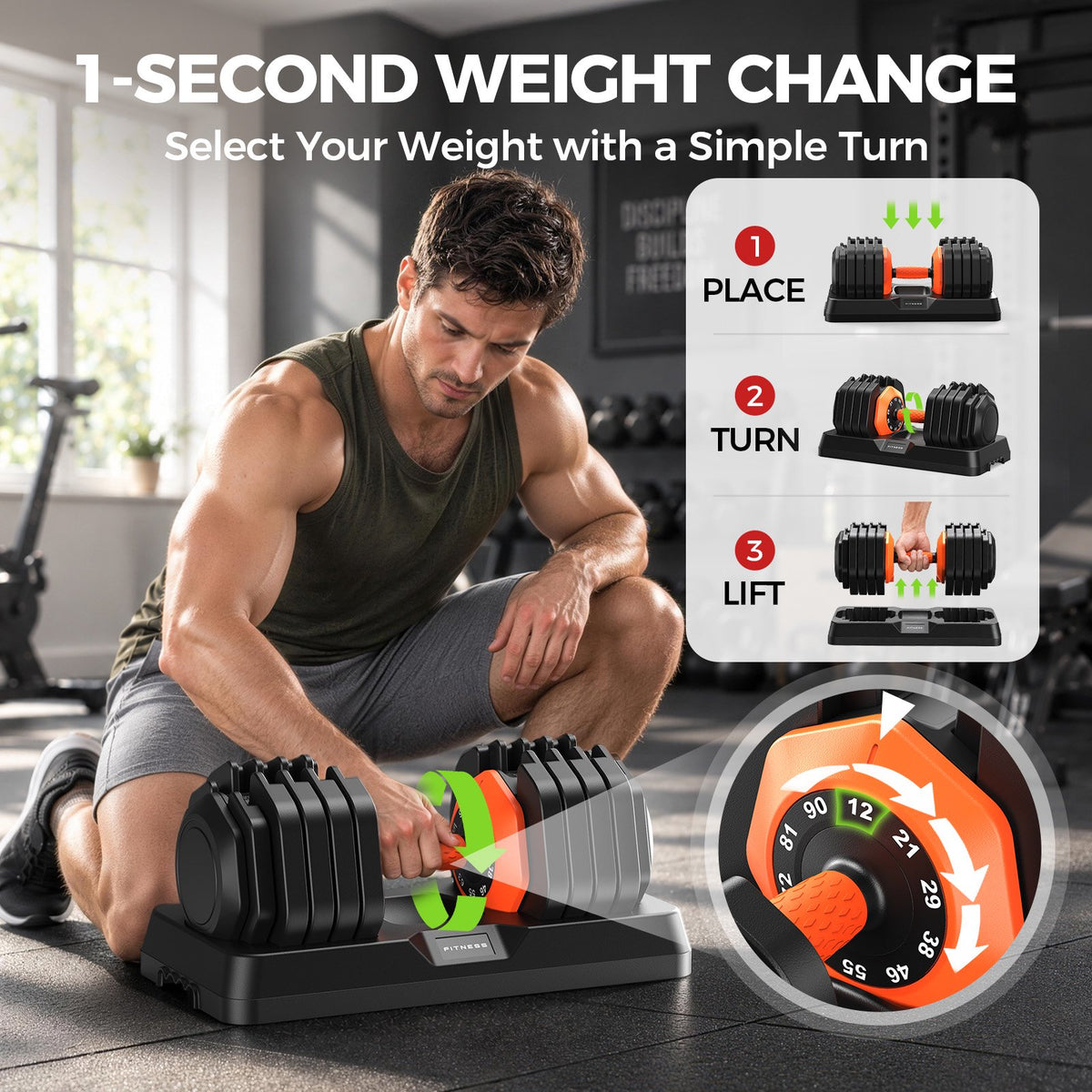 FED Fitness 90 LBS Adjustable Dumbbell with 1-Second Weight Adjustment, Non-Slip Handle Home Gym Workout Dumbbell