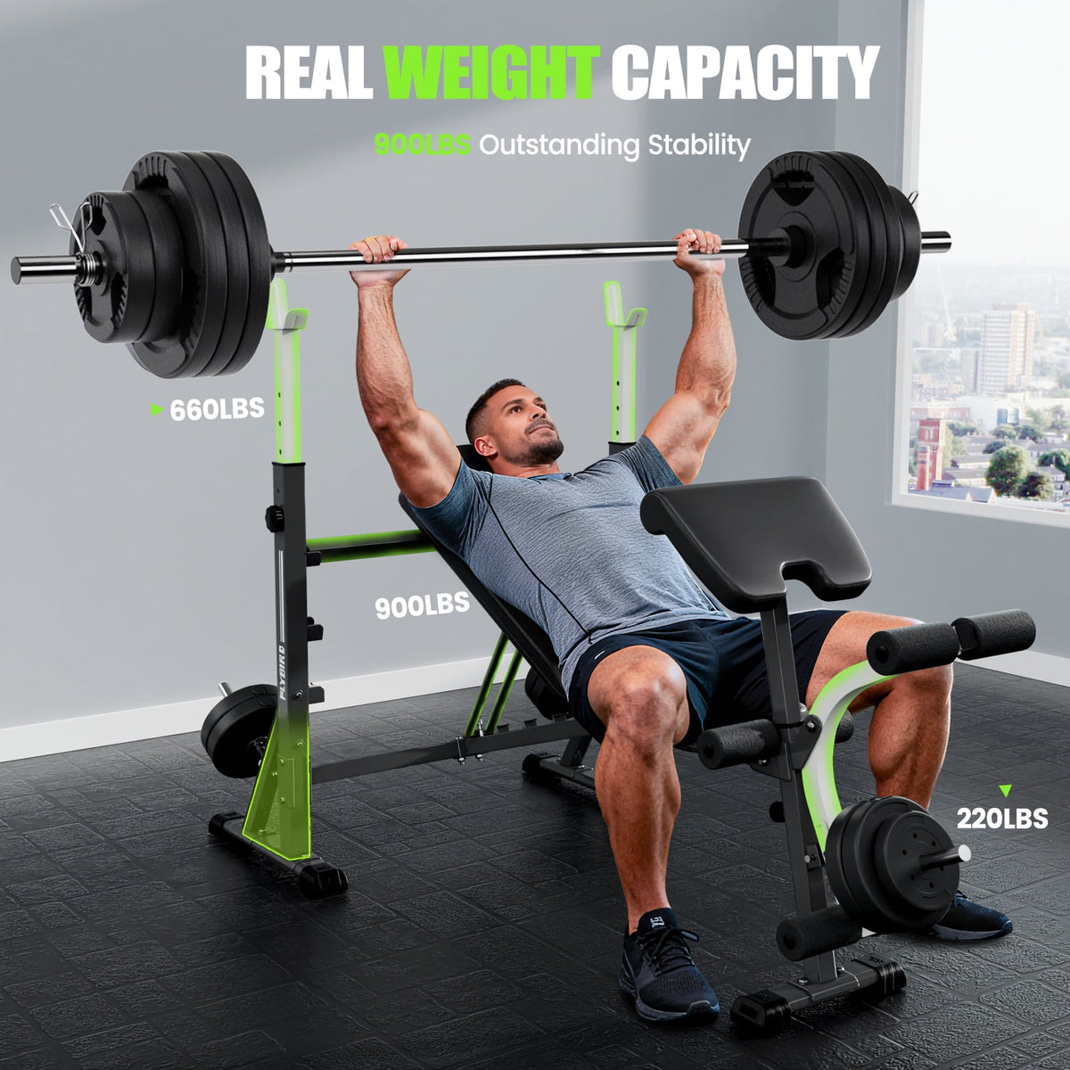 FLYBIRD Olympic Weight Bench with Rack,Multifunction Strength Training Bench With Preacher Curl & Leg Developer,Adjustable Bench Press Set for Home Gym
