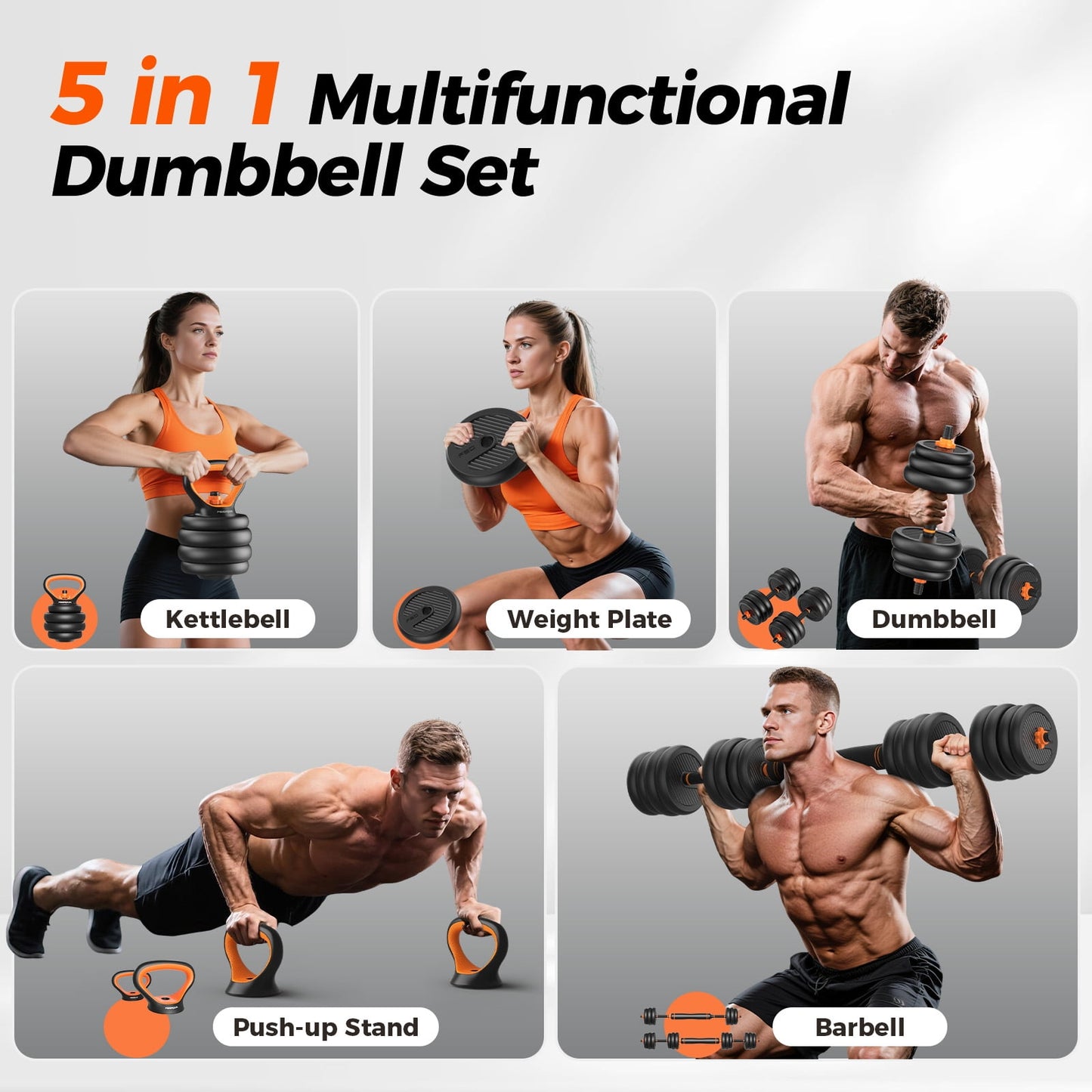 UPGO Adjustable Dumbbell Set,50lb Free Weight Set with Connector Bar,5 in 1 Workout Gear with Dumbbell,Kettlebell,Barbell,Push up Handle,Weight Plate,for Home Gym Fitness Exercise