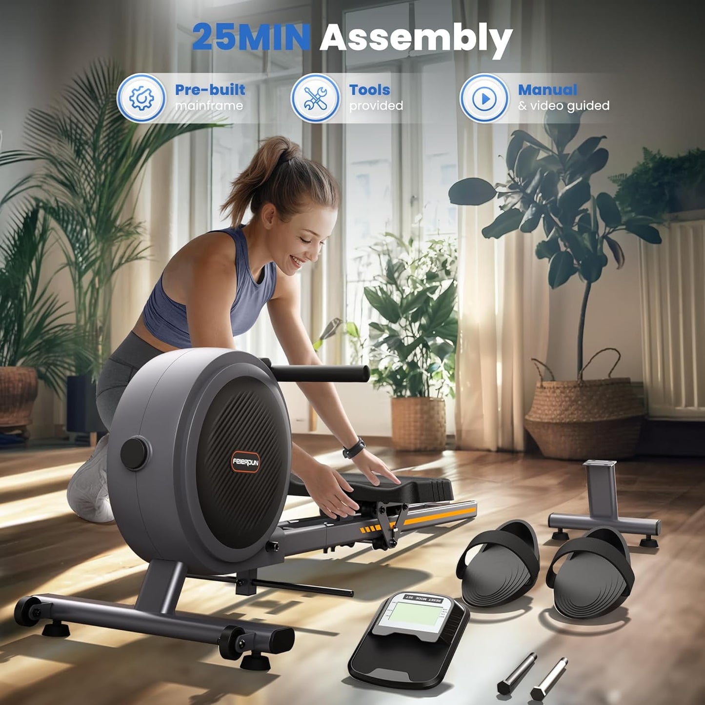 UPGO Magnetic Rowing Machine for Home, Rower with 350LBS Capacity, Dual Slide Rail, APP Connectivity