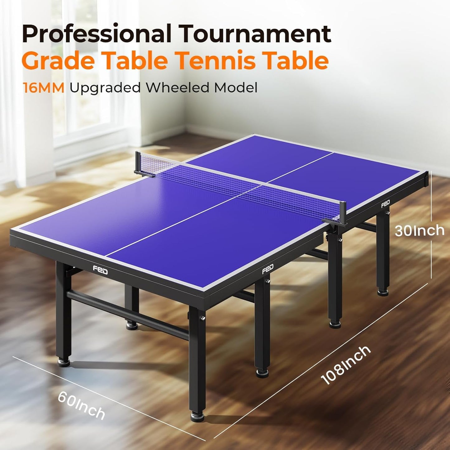 Ping Pong Table, 16mm Thick Tabletop Professional Table with Quick Clamp Net and Paddle, Tournament Quality, 10 Minute Easy Assembly, Weatherproof Indoor & Outdoor