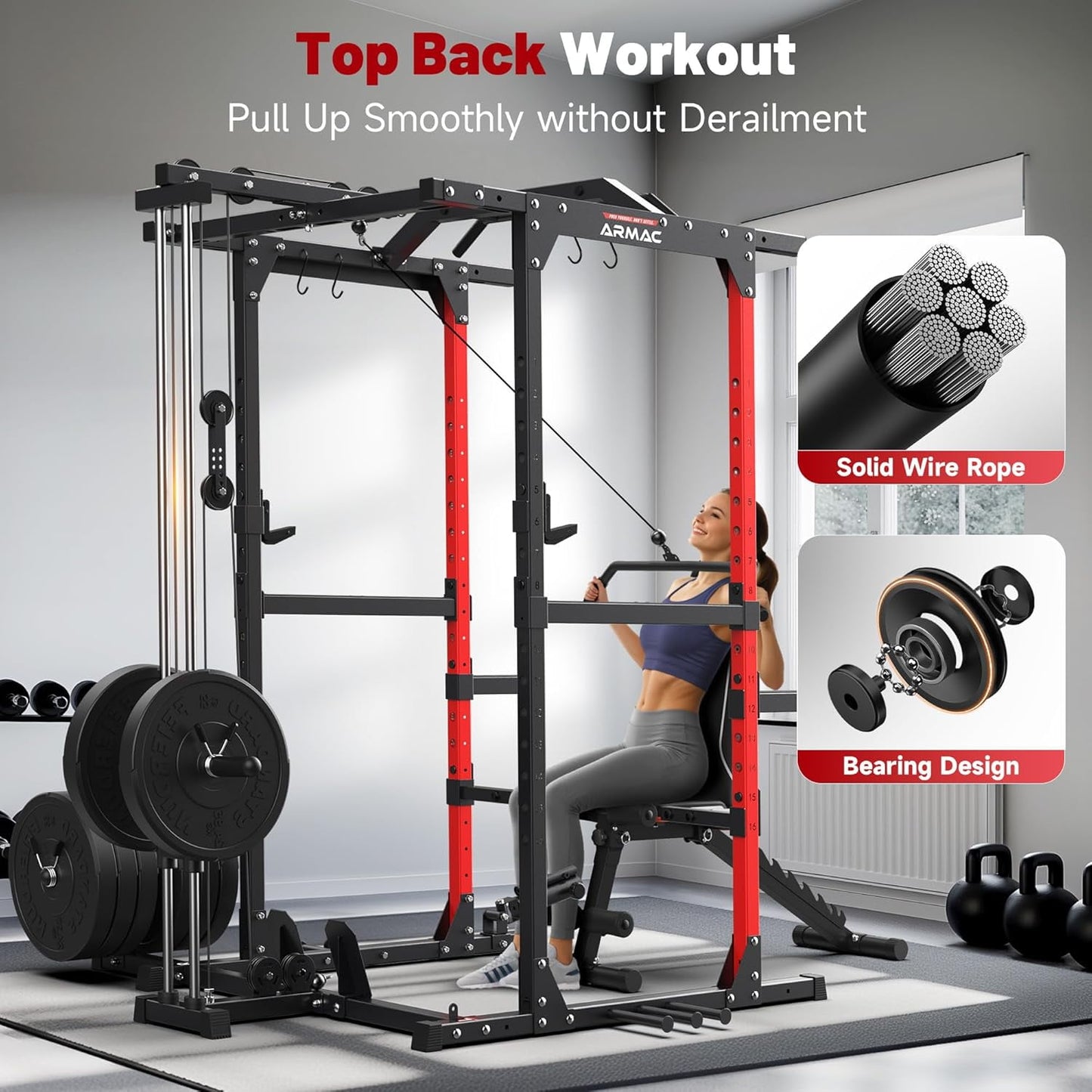 UPGO Power Cage,1500lbs Multi-Function Power Rack with Adjustable Cable Crossover System and More Training Attachment (red)