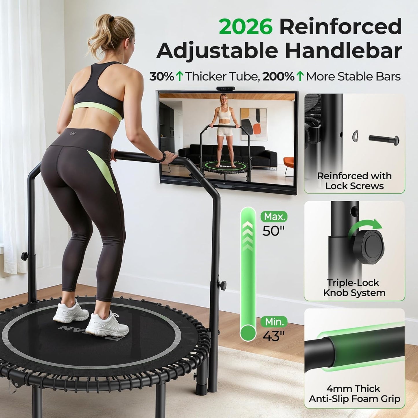 BCAN BT2 40-Inch Adult Mini Rebounder Trampoline, 450-pound weight capacity, adjustable handrails, and a Silent Resistance Band Design, suitable for indoor and outdoor home workouts