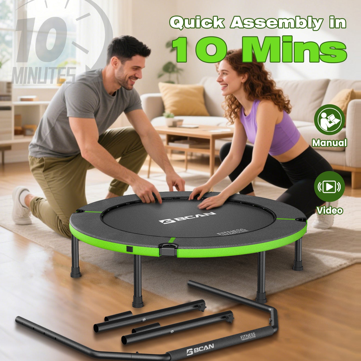 BCAN 40" Foldable Trampoline, Fitness Rebounder with Adjustable Foam Handle, Exercise Trampoline for Adults/kids Indoor/Garden Workout Max Load 330lbs